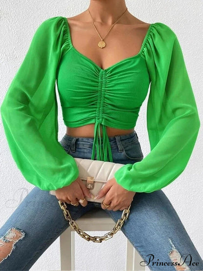 Lantern Sleeve V-neck Blouses