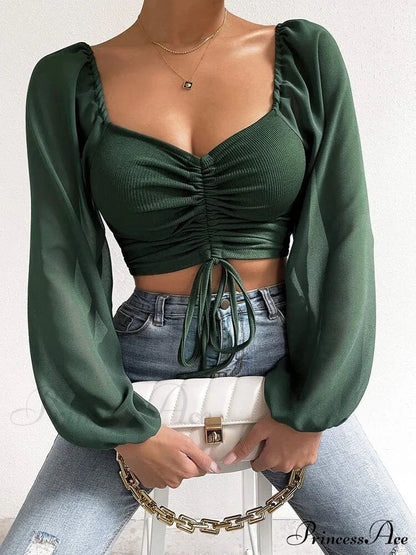 Lantern Sleeve V-neck Blouses