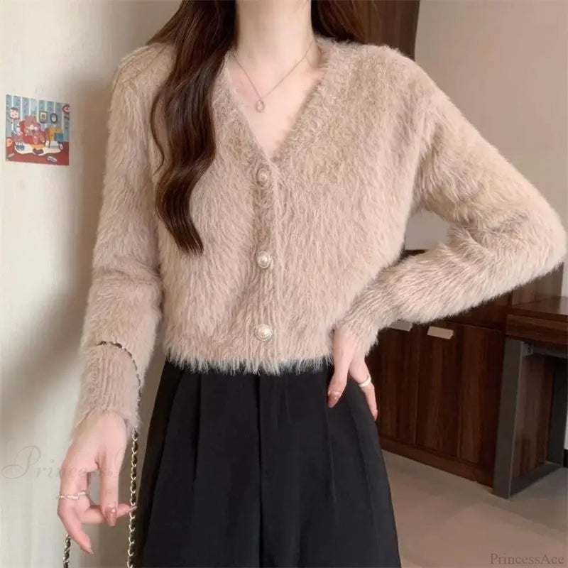 Lantern Sleeve V-neck Button-up Knit Cardigan Coat