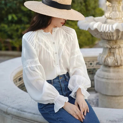 Lantern Sleeve White Lace Party Cotton Blouse