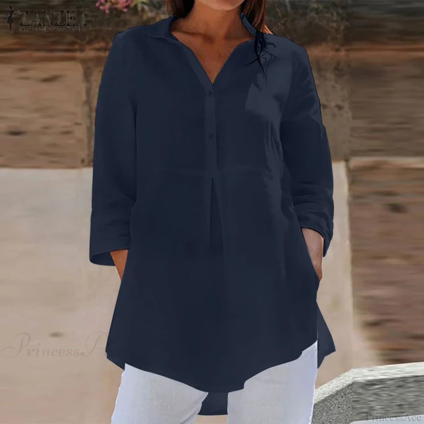 Lapel Neck 3/4 Sleeve Loose Button Blouse