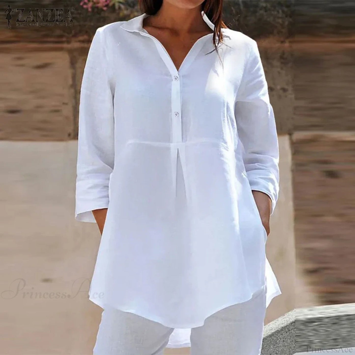 Lapel Neck 3/4 Sleeve Loose Button Blouse