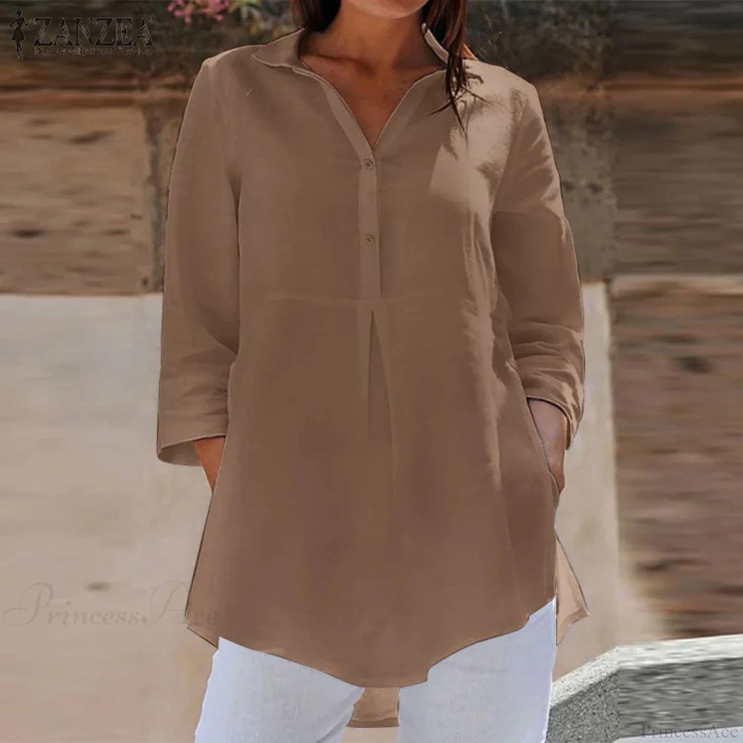 Lapel Neck 3/4 Sleeve Loose Button Blouse