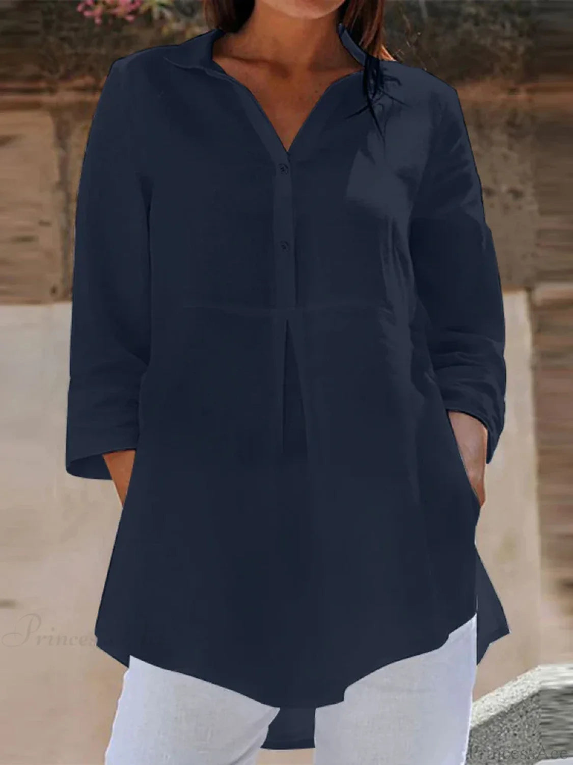 Lapel Neck 3/4 Sleeve Loose Button Blouse