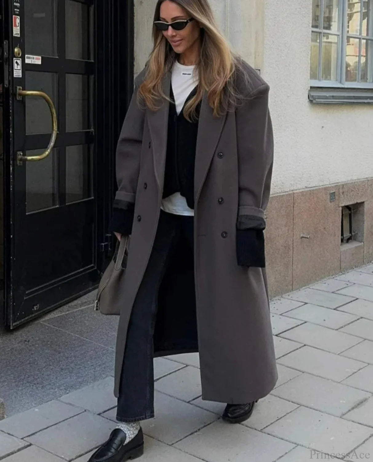 Lapel Woolen Double-breasted Shoulder Pad Overcoat