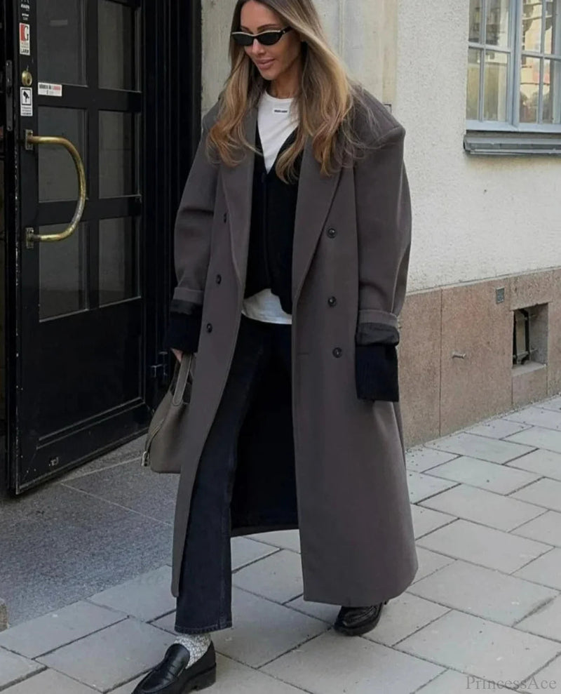 Lapel Woolen Double-breasted Shoulder Pad Overcoat