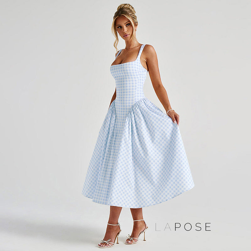 Adalae Plaid Backless Midi Dress
