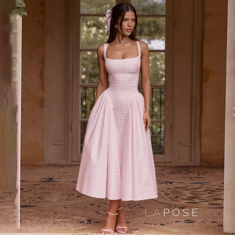 Adalae Plaid Backless Midi Dress