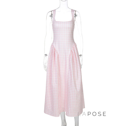 Adalae Plaid Backless Midi Dress