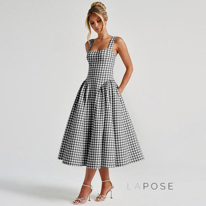 Adalae Plaid Backless Midi Dress