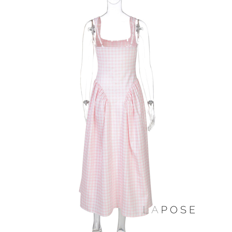 Adalae Plaid Backless Midi Dress