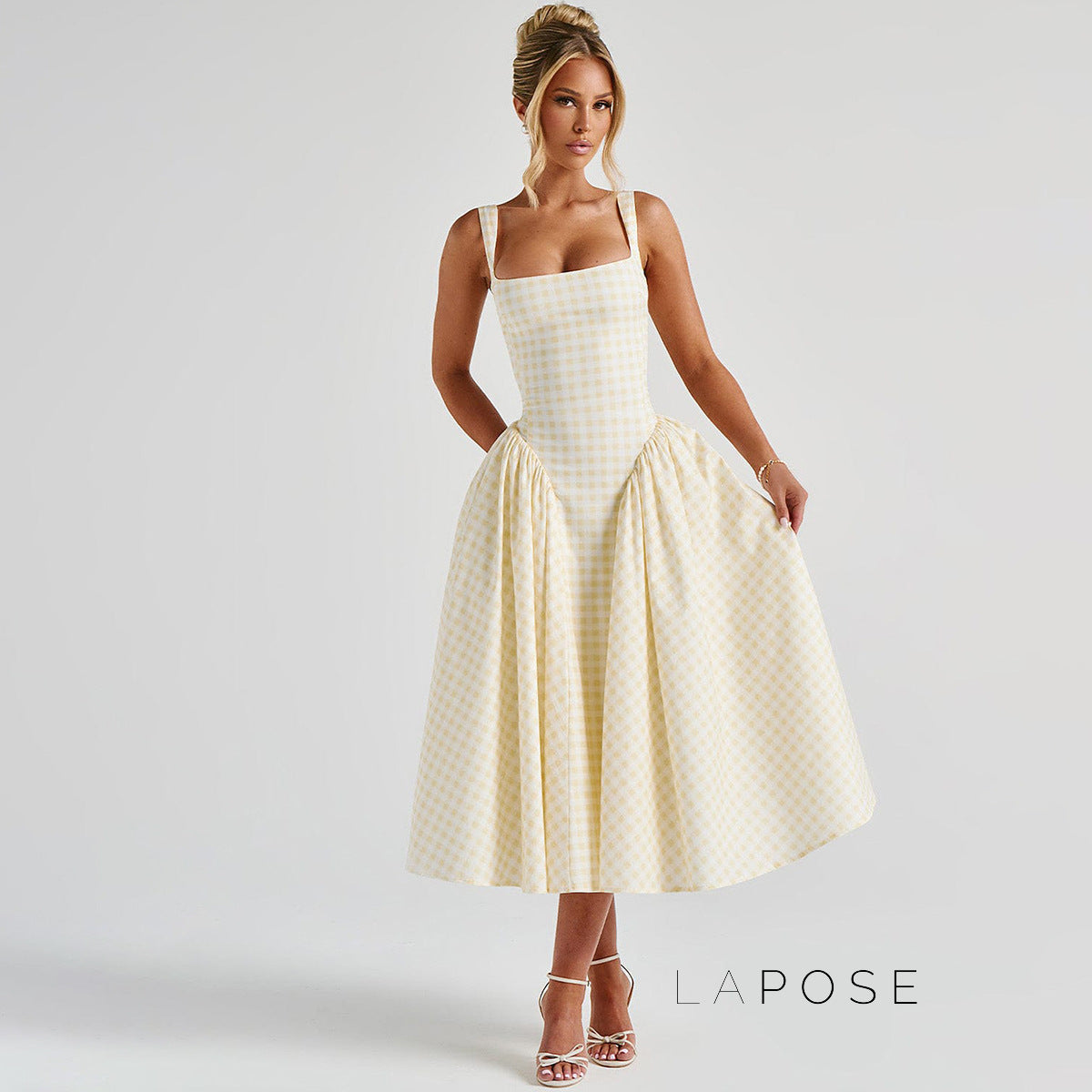 Adalae Plaid Backless Midi Dress