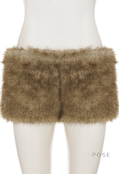 Adeline Khaki Faux Fur Shorts
