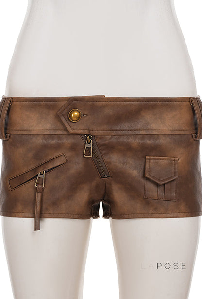 Ainslie Brown Faux Leather Biker Shorts