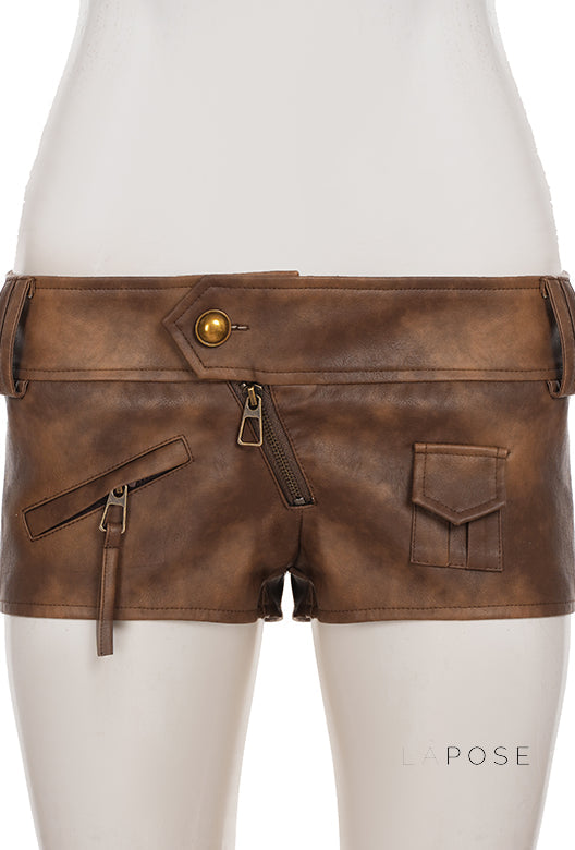 Ainslie Brown Faux Leather Biker Shorts