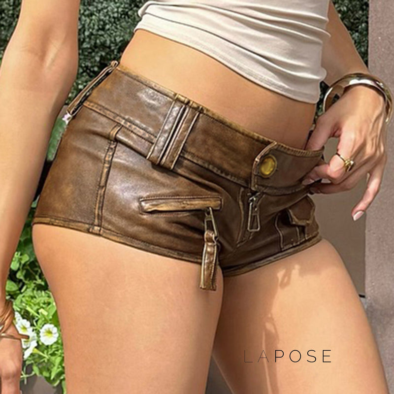 Ainslie Brown Faux Leather Biker Shorts