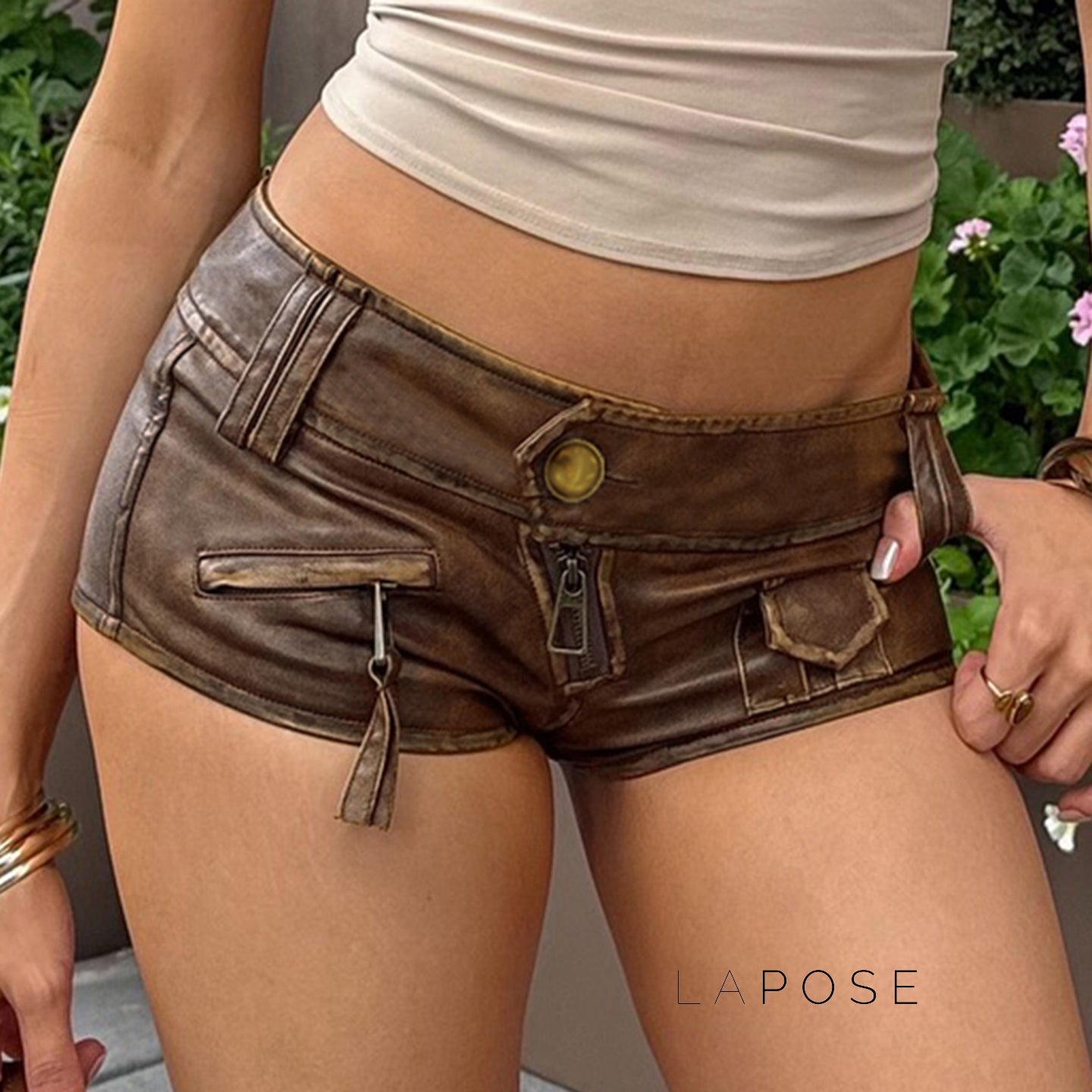 Ainslie Brown Faux Leather Biker Shorts
