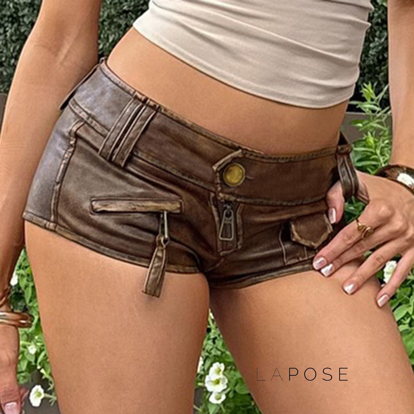 Ainslie Brown Faux Leather Biker Shorts