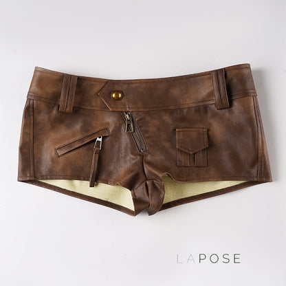 Ainslie Brown Faux Leather Biker Shorts