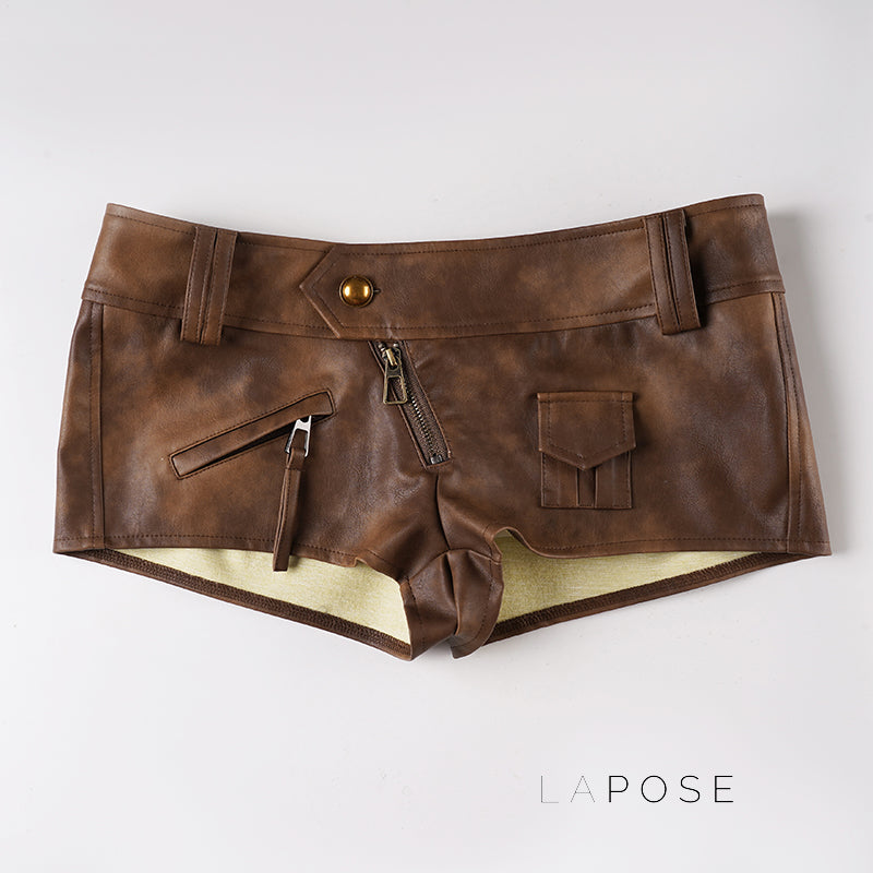 Ainslie Brown Faux Leather Biker Shorts