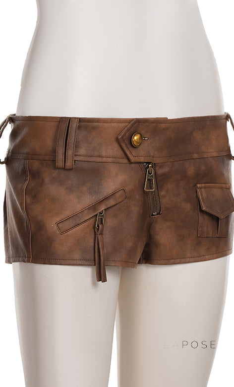 Ainslie Brown Faux Leather Biker Shorts