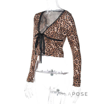 Aleksandra Leopard Lace-up Cardigan Top