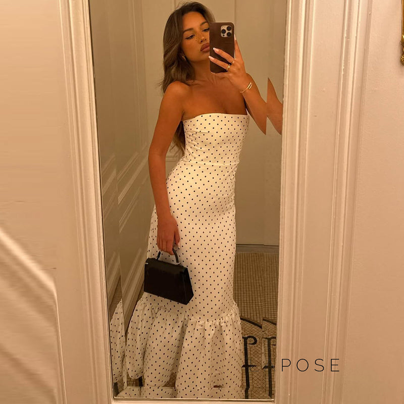 Azaria Polka Dot Strapless Midi Dress