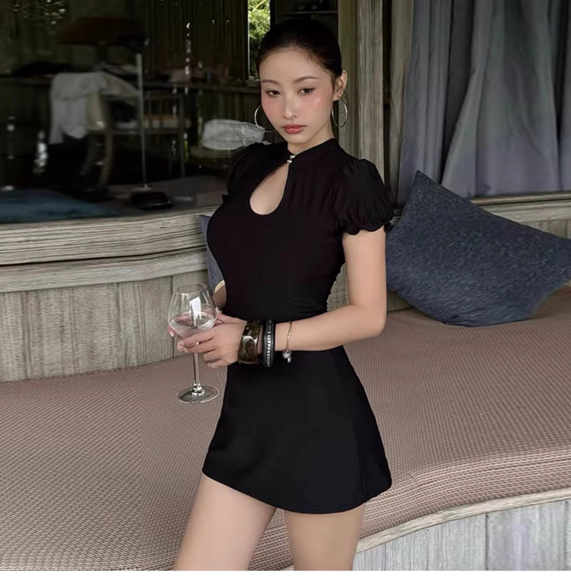 Cut-out Mandarin Collar Mini Dress