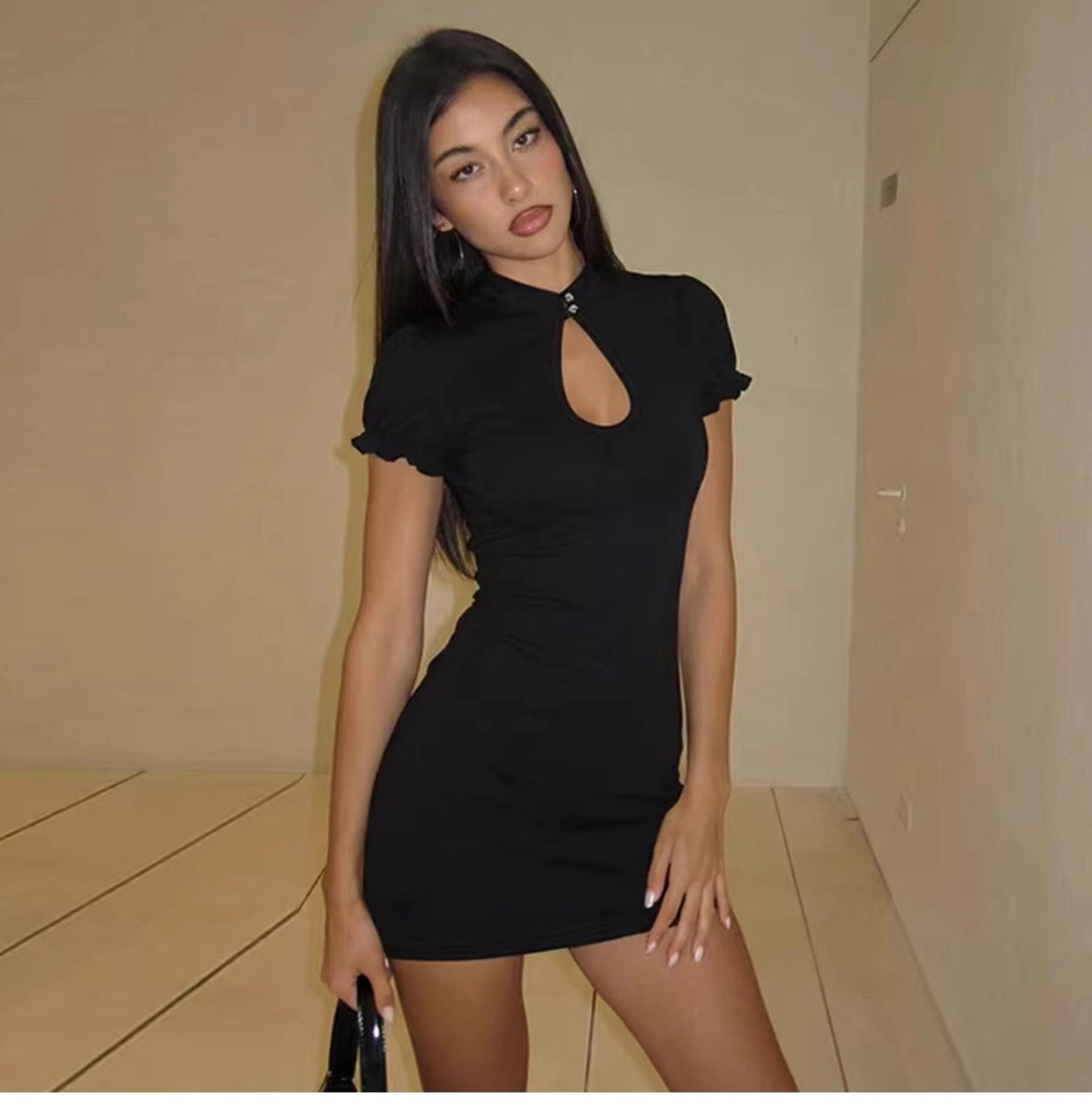 Cut-out Mandarin Collar Mini Dress