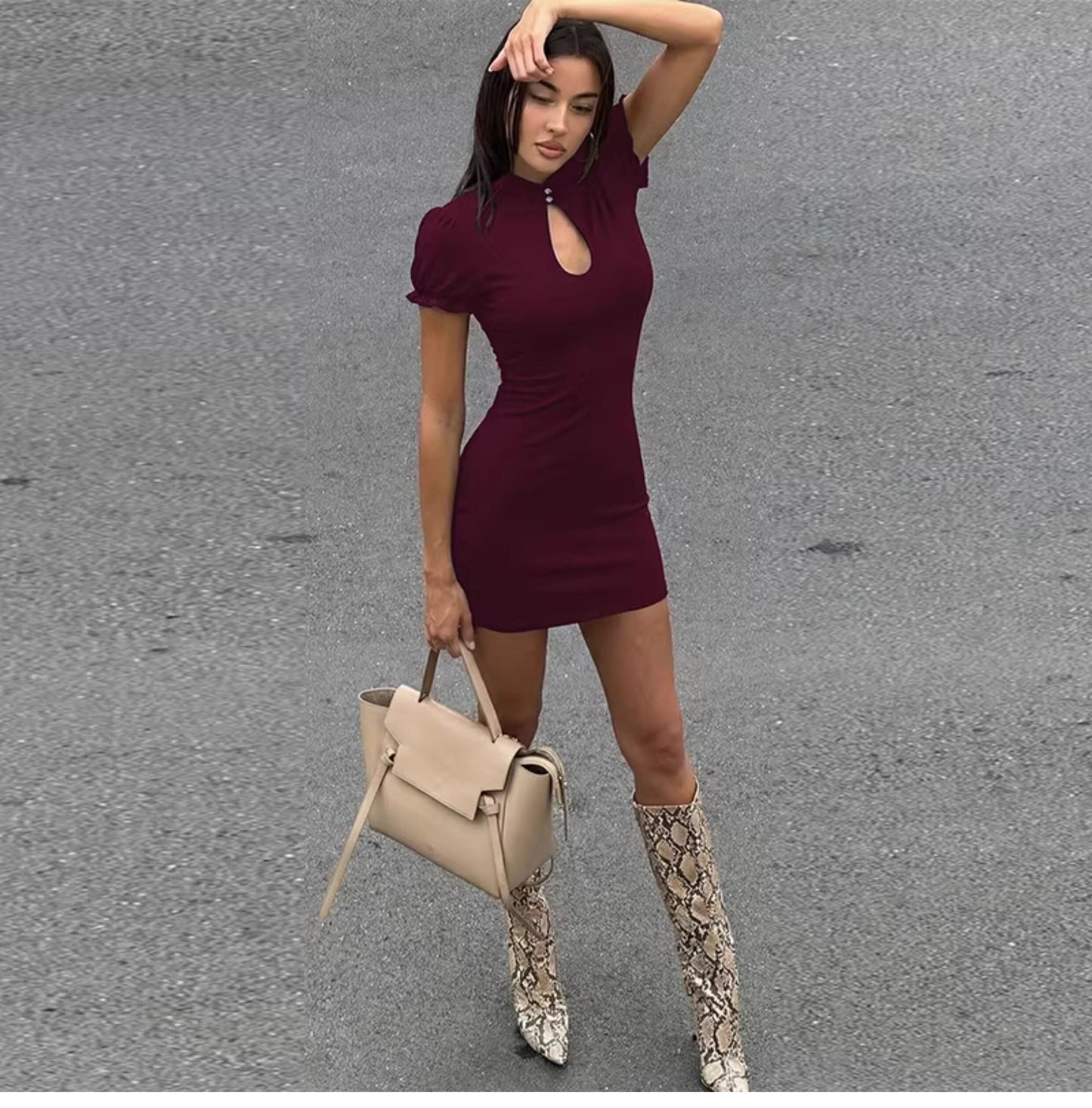 Cut-out Mandarin Collar Mini Dress