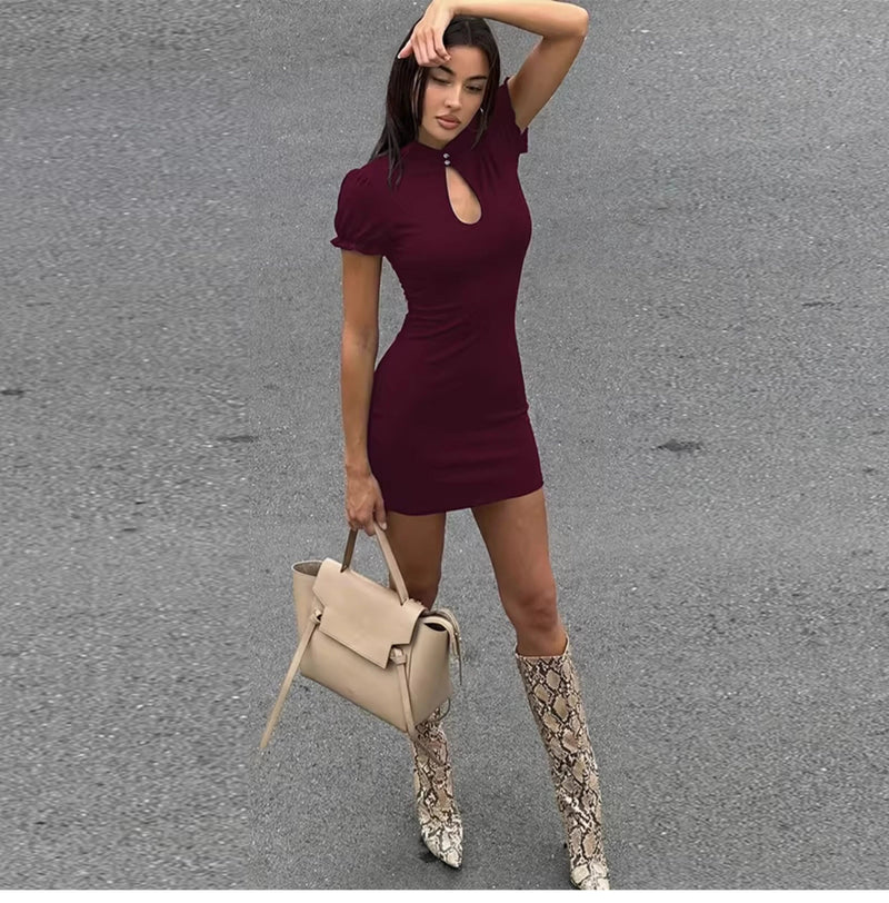 Cut-out Mandarin Collar Mini Dress