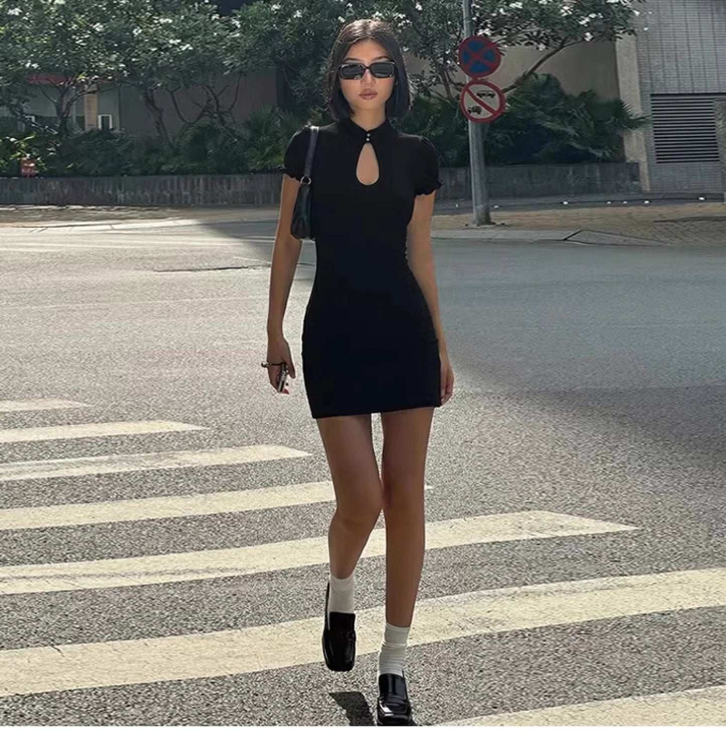 Cut-out Mandarin Collar Mini Dress
