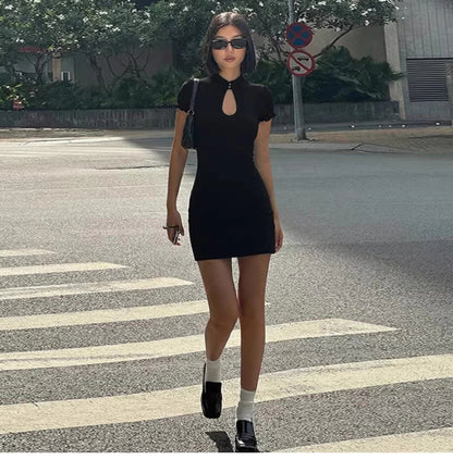 Cut-out Mandarin Collar Mini Dress