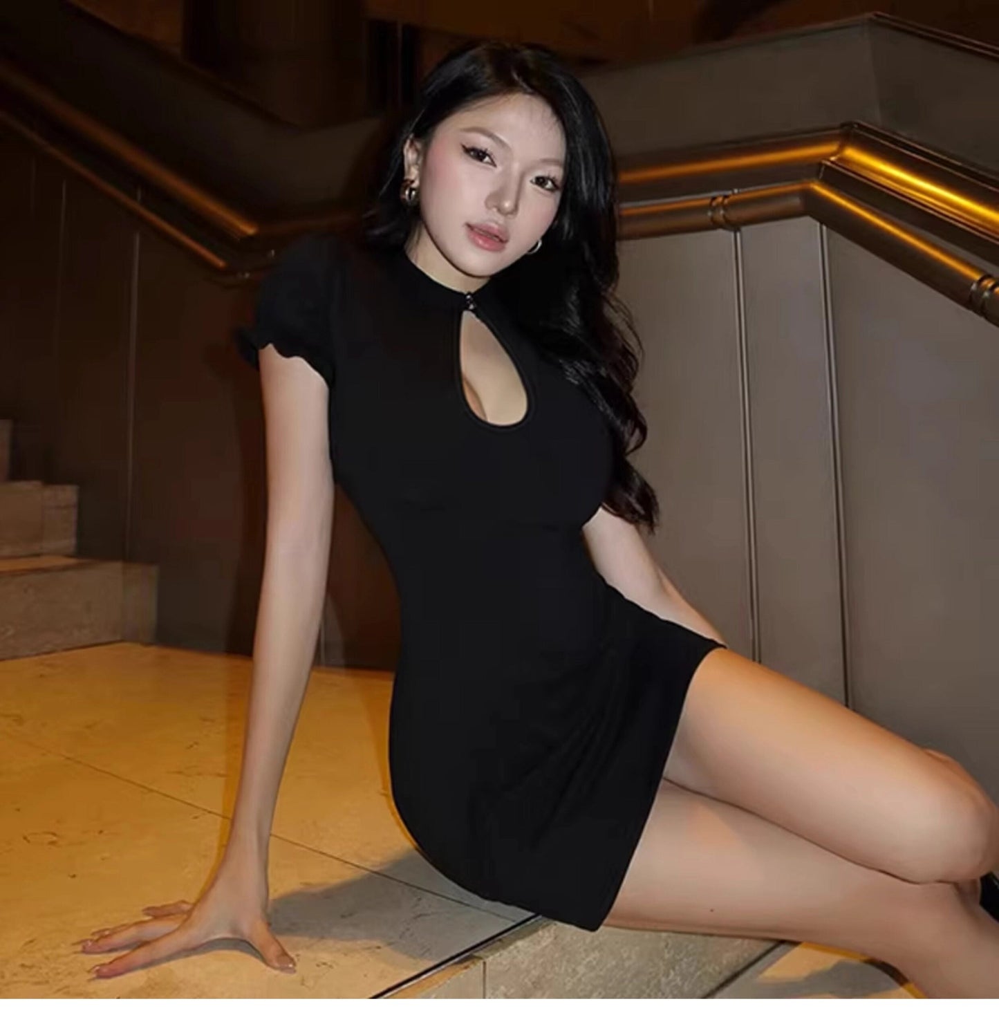 Cut-out Mandarin Collar Mini Dress