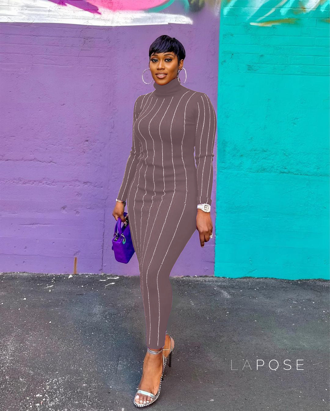 Joslynn High Neck Rhinestone Midi Dress