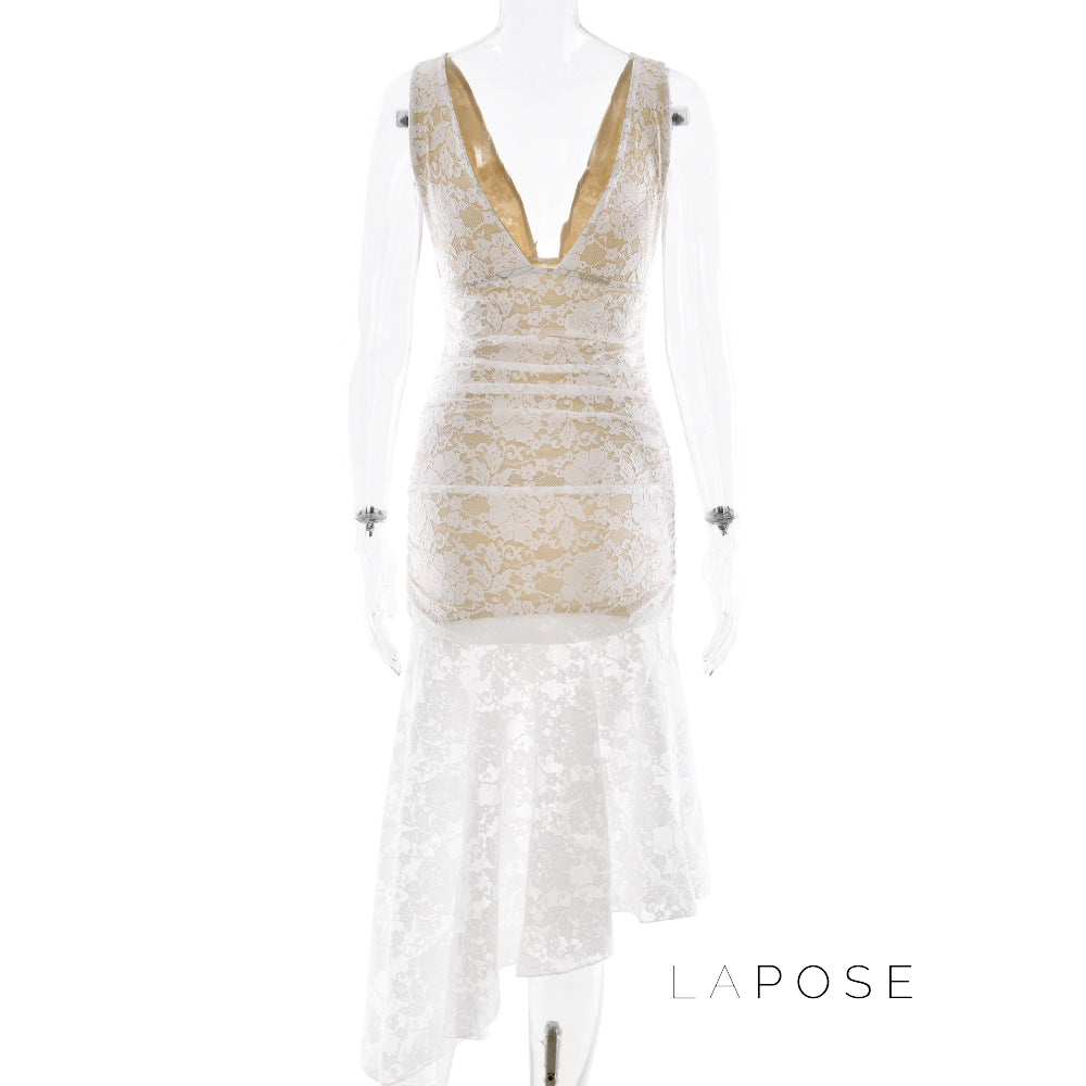 Kaliah Lace Ruched Asymmetric Dress