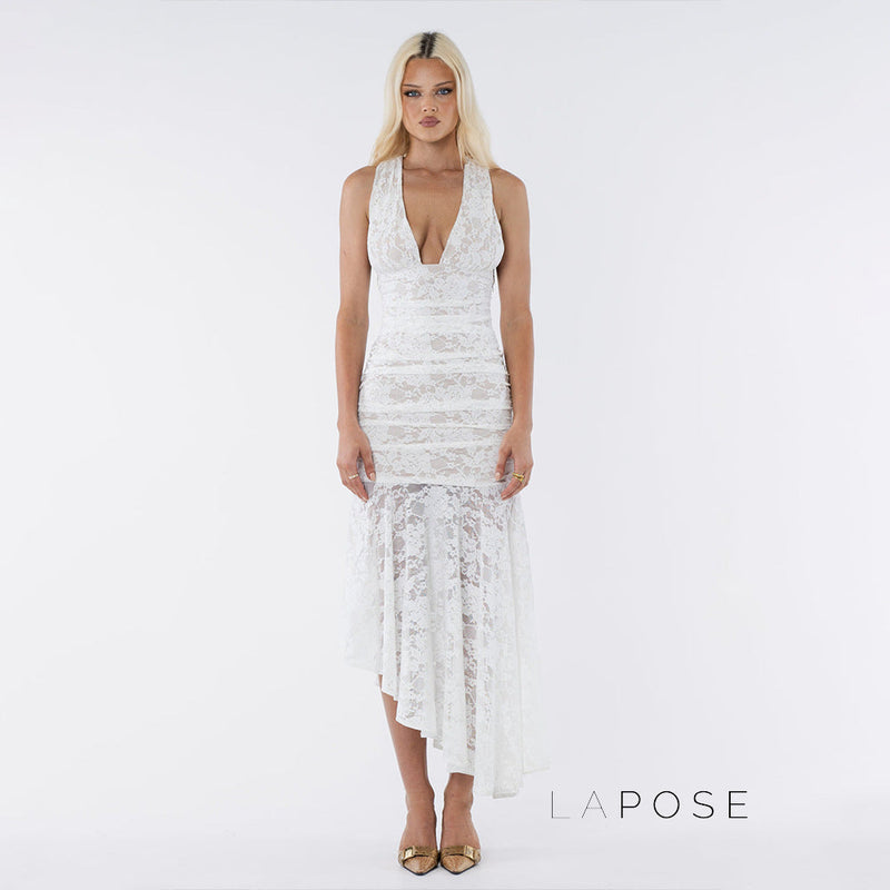 Kaliah Lace Ruched Asymmetric Dress
