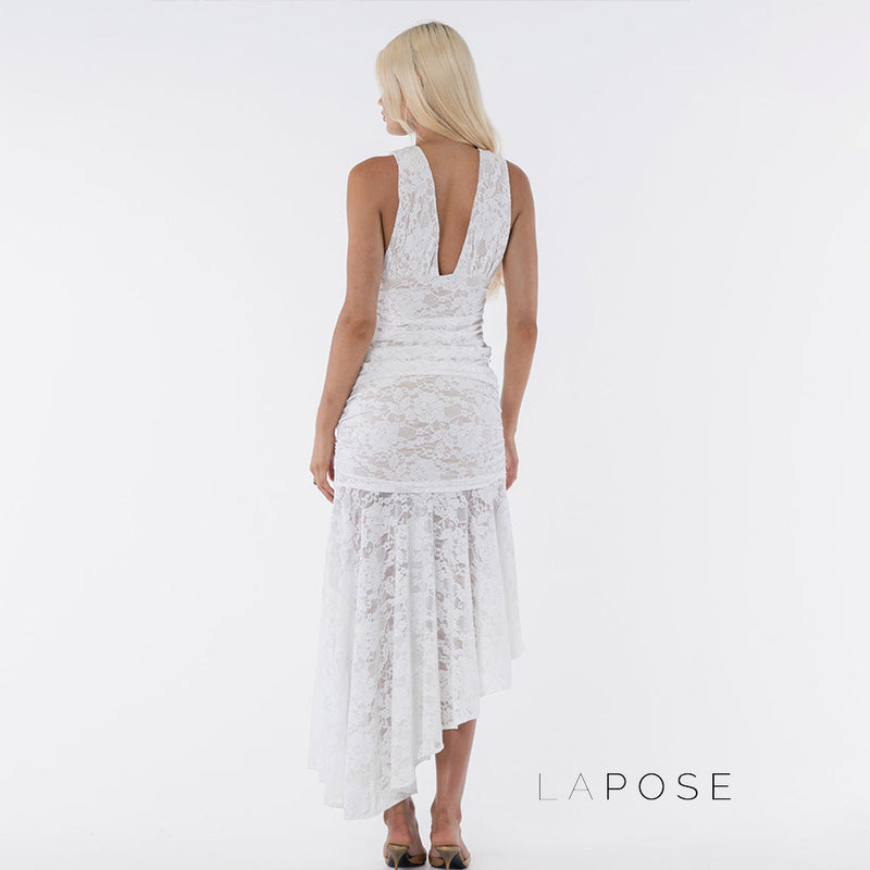 Kaliah Lace Ruched Asymmetric Dress