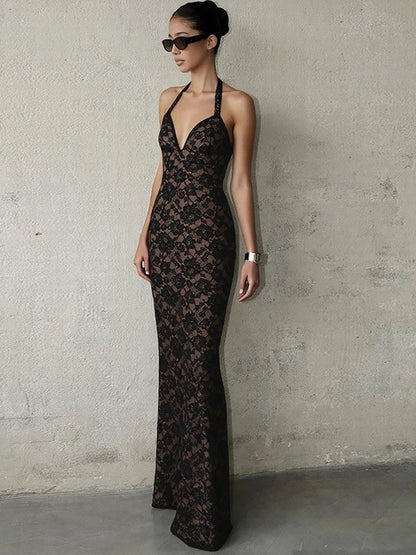 Lace Halter Slit Maxi Dress