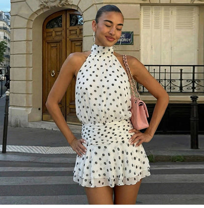 Polka Dot Halter Backless Mini Dress
