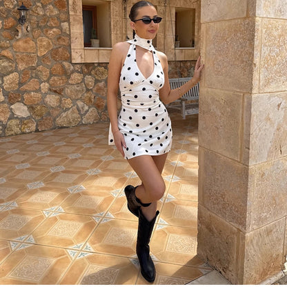 Polka Dot Halter Mini Dress With Ribbon Detail