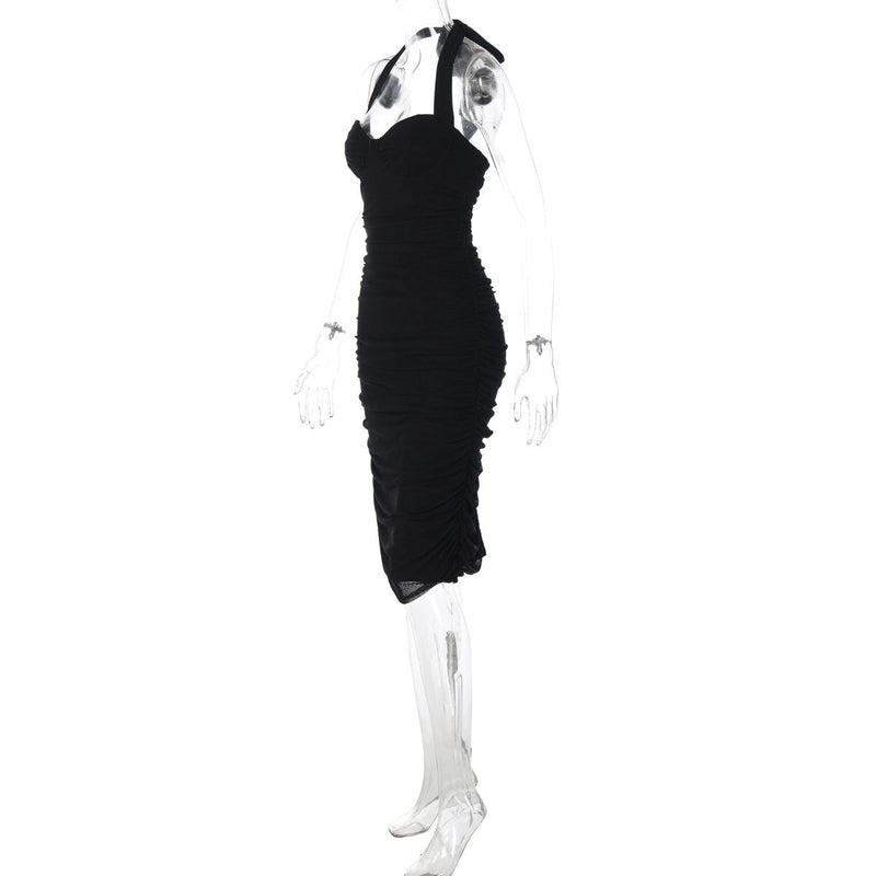 Ruched Mesh Halter Maxi Dress
