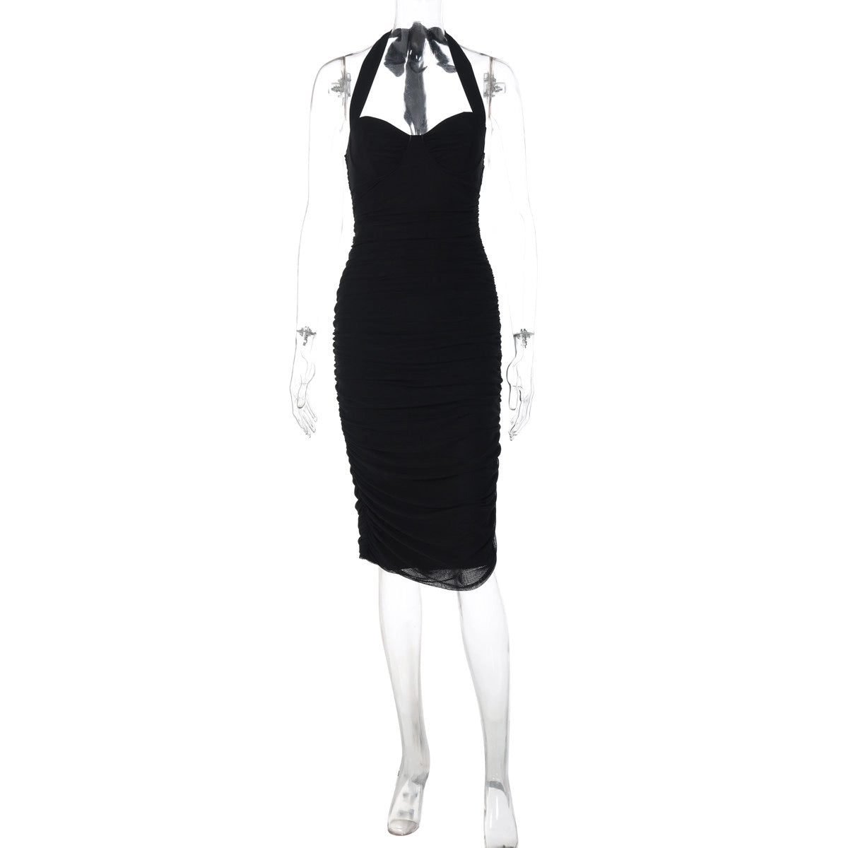 Ruched Mesh Halter Maxi Dress