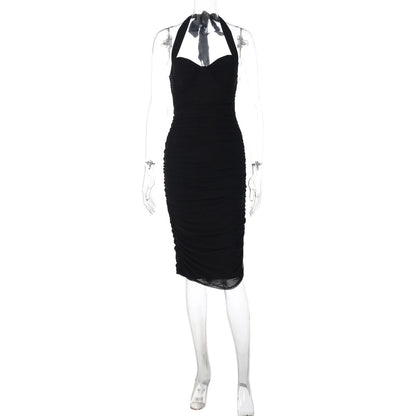 Ruched Mesh Halter Maxi Dress