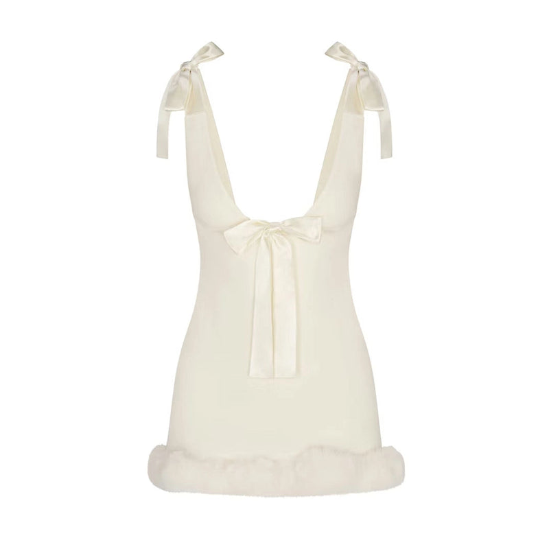 Satin Bow Strap Fur Trim Mini Dress