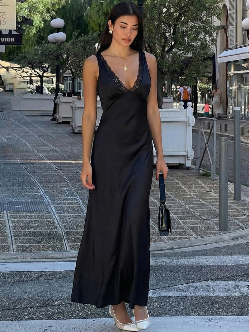 Satin Lace Spliced Maxi Dress