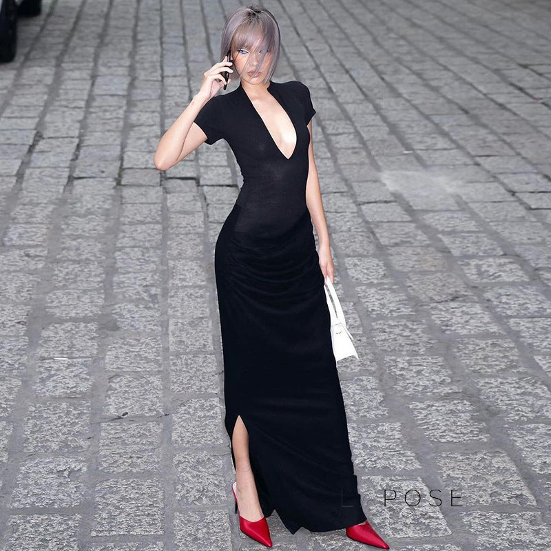 Susanna Deep V Ruched Maxi Dress