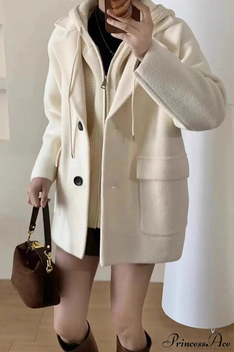 Layered-look Wool Blend Loose Slim-fit Knit Cardigan Coat