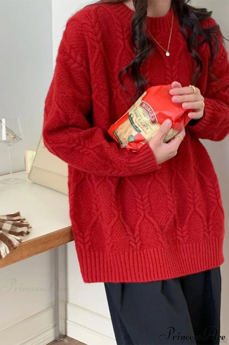 Lazy Style Candy-colored Cable-knit Sweater