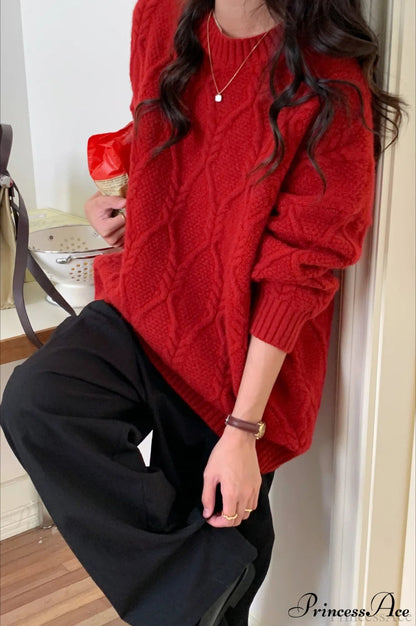 Lazy Style Candy-colored Cable-knit Sweater